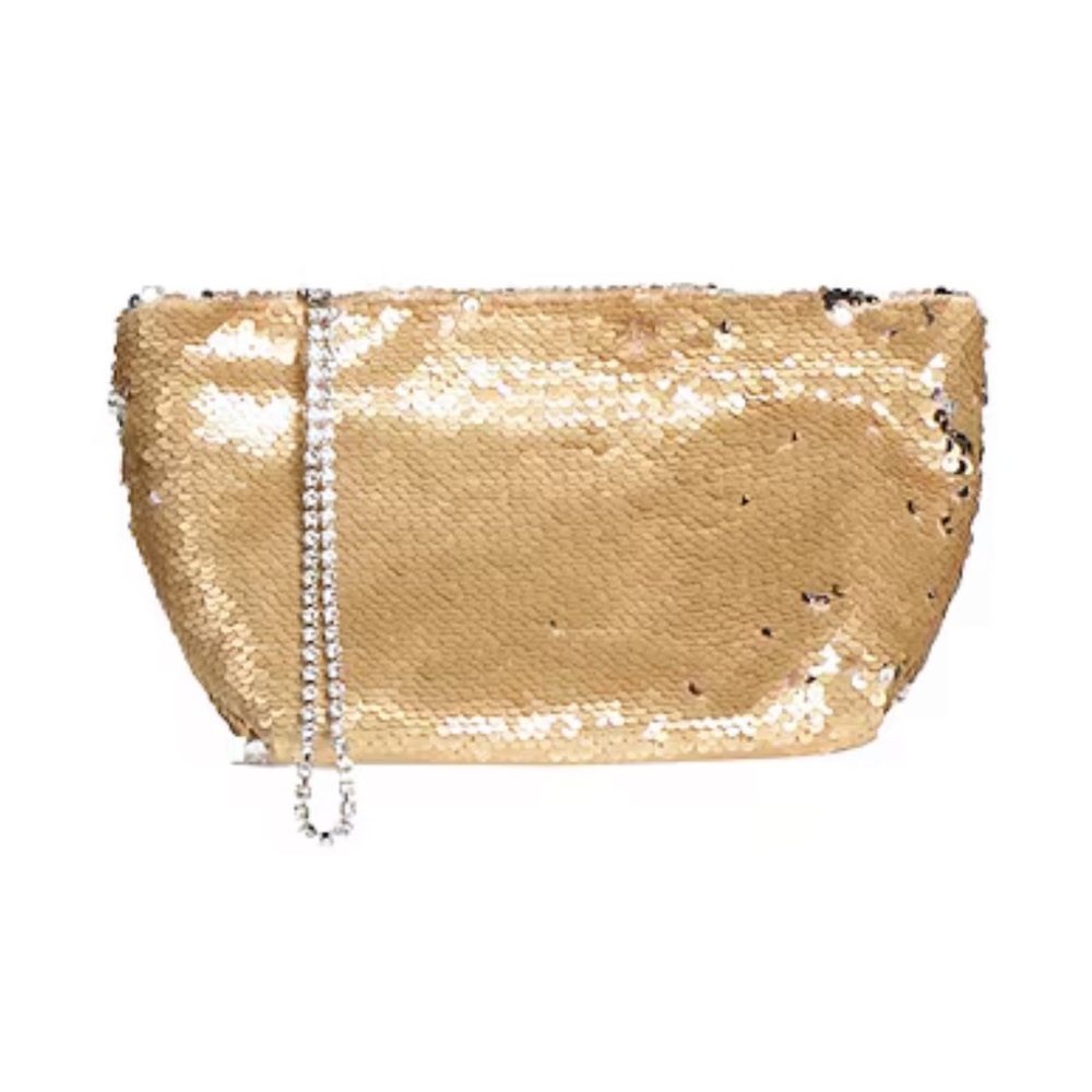 Gedebe- Gold and Silver Sequin Wristlet Clutch with Crystals Strap